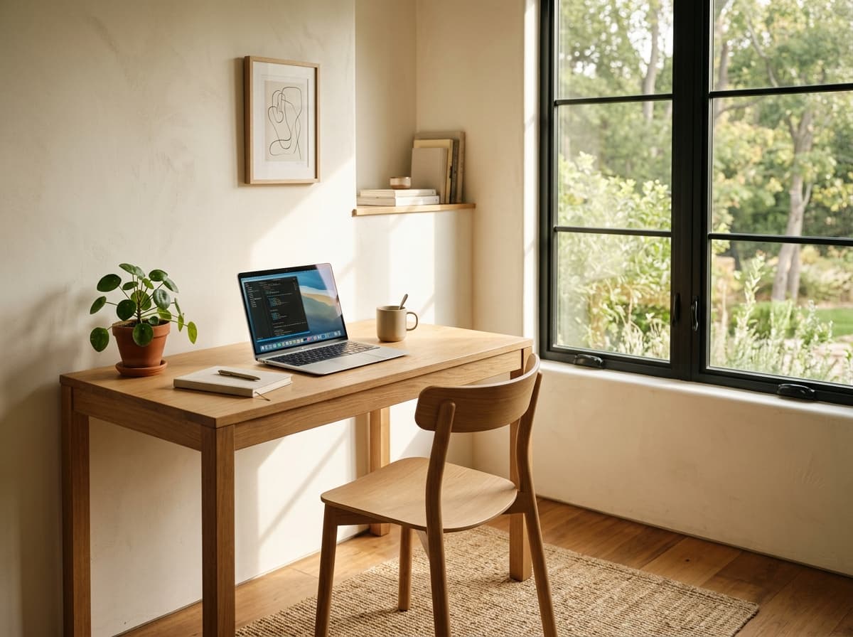 Sun-drenched minimalist office corner with a wooden chair and laptop
